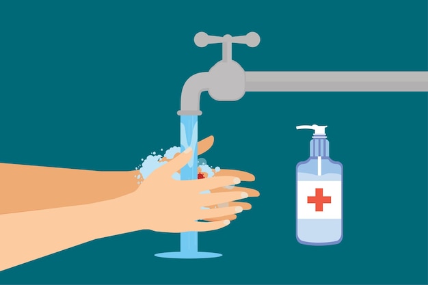 Vecteur utilisation de savon liquide antibactérien pour prévenir les germes et le coronavirus dans la main homme se lavant les mains avec de l'eau du robinet et du savon vecteur utilisation d'un désinfectant pour les mains pour prévenir le covid19 et d'autres virus
