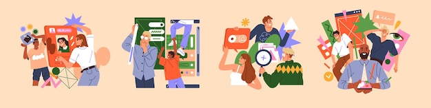 UX UI design in app development set Designers create user interface for digital devices Creative team does redesign update of GUI Creation of UIUX wireframes Flat isolated vector illustrations