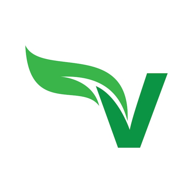 Vecteur v lettre initiale avec modèle vectoriel du logo à feuille verte