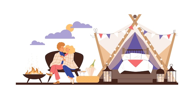 Vacances De Couple Romantique En Glamping Dans La Nature Illustration Vectorielle Isolée