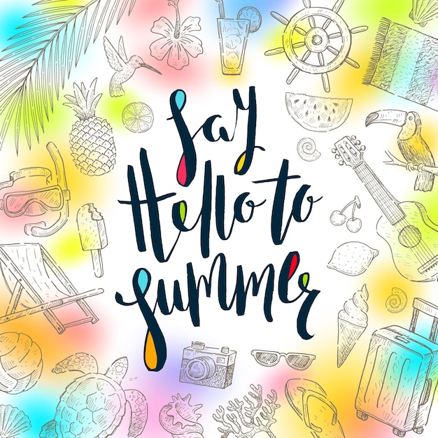 Vacances d'été carte de voeux dessinée à la main avec calligraphie