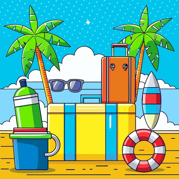Vecteur les vacances d'été, les vacances, les voyages, les éléments de plage, les autocollants de dessins animés à la main, le concept de l'icône.