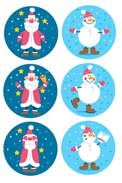 Vecteur vacances étiquettes de noël et du nouvel an avec des personnages de dessins animés père noël et homme de neige