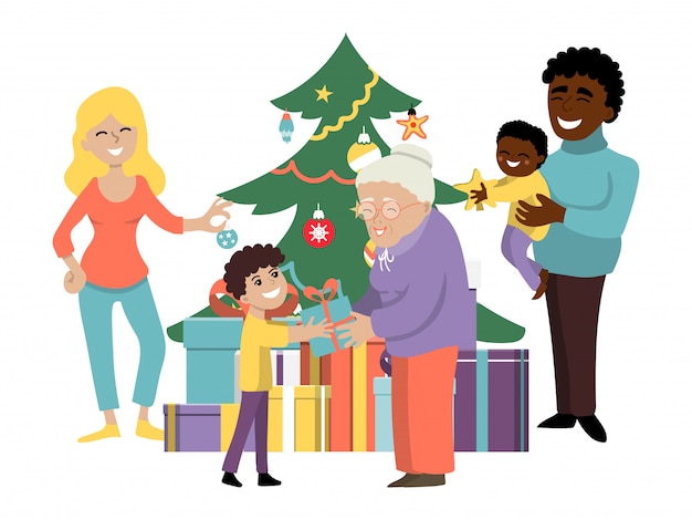 Vecteur vacances en famille à l'amiable de noël, parent de personnes de caractère, grand-parent présente boîte cadeau enfants illustration plate.