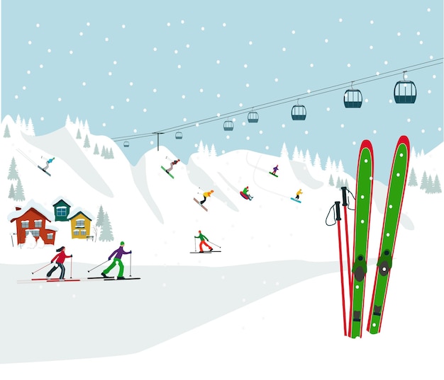 Vacances d'hiver dans une station de ski avec ascenseur et chalets. Sports actifs, ski, snowboard