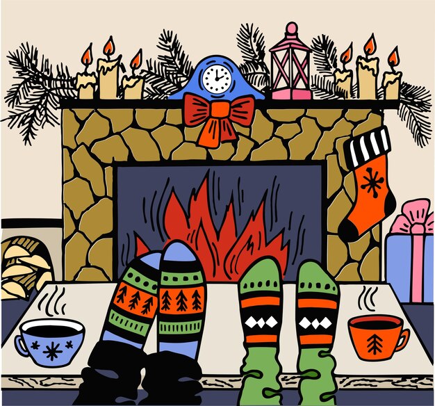 Vacances D'hiver. Pieds En Chaussettes De Laine Près De La Cheminée De Noël.