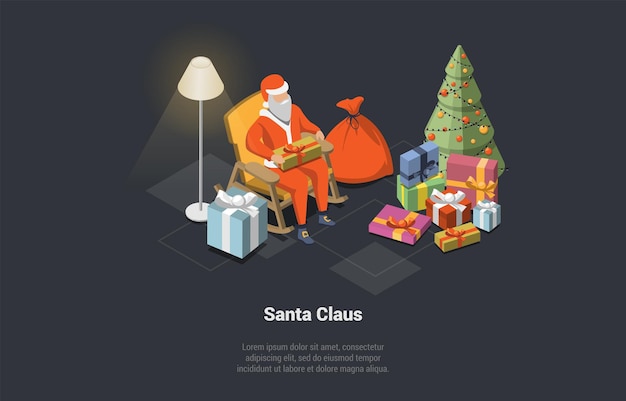 Vacances D'hiver Et Vacances Joyeux Père Noël Assis Dans Un Fauteuil Avec Boîte-cadeau Sac Derrière Avec Beaucoup De Cadeaux Et Bel Arbre De Noël Souhaitant Bonne Année Illustration Vectorielle 3d Isométrique