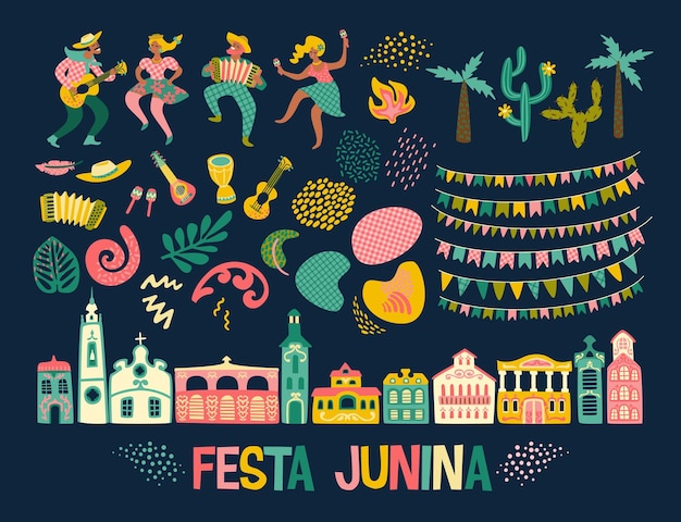 Vecteur vacances latino-américaines la fête de juin du brésil festa junina ensemble vectoriel éléments de conception