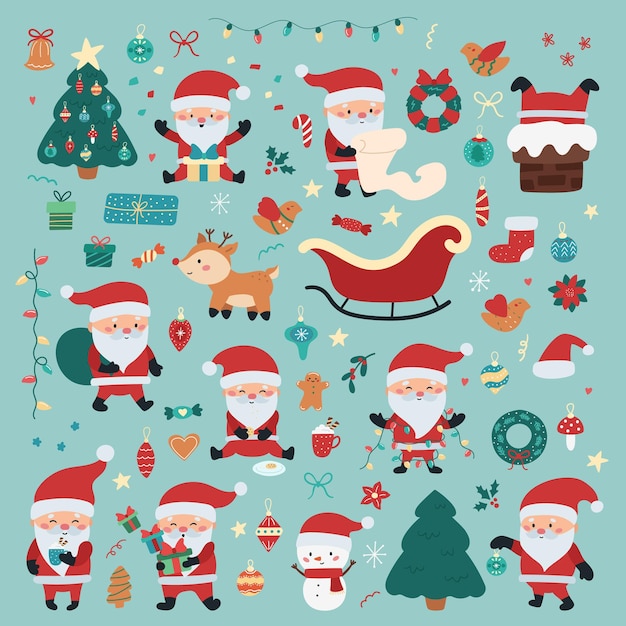 Vacances De Noël Et Du Nouvel An Avec Le Père Noël Dans Différentes Situations, Cadeaux, Décorations De Noël, Cerfs Et Bonhomme De Neige.
