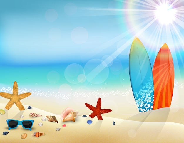 Vecteur vacances à la plage en été avec planche de surf