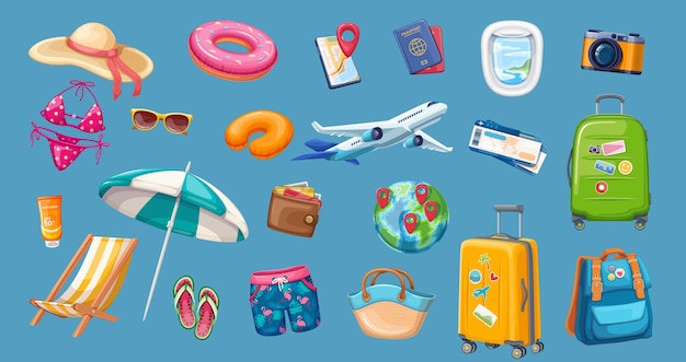 Vecteur vacances de voyage sur l'ensemble d'icônes de plage d'été