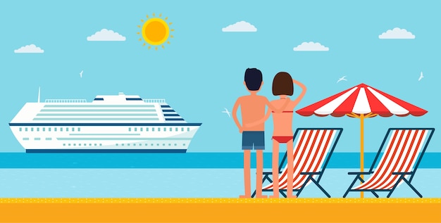 Vacances Et Voyages. Dessin Animé Jeune Couple Au Bord De La Mer En Regardant Un Bateau De Croisière. Plage De La Mer Avec Transat Et Parasol.