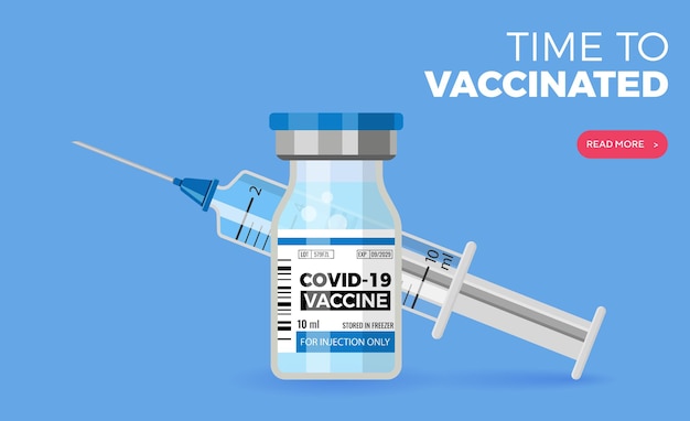 Vaccin contre le coronavirus Covid-19. Icônes plates de seringue et flacon de vaccin. Traitement du coronavirus covid-19. Il est temps de se faire vacciner. Illustration vectorielle isolé