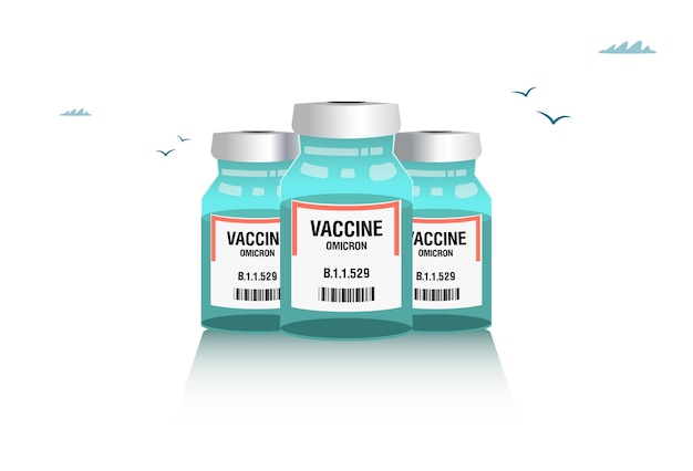 Vaccin Omicron B.1.1.529. Vaccin Contre Le Virus Omicron. Trois Flacons De Vaccin. Image Vectorielle Avec Une Ombre Réaliste