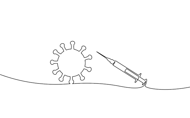 Vaccin seringue un concept d'art à une seule ligne pandémie covid coronavirus coffre-fort dessiné à la main croquis injecter ...