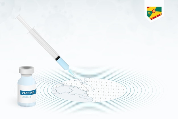 Vaccination Covid-19 à La Grenade, Illustration De La Vaccination Contre Le Coronavirus Avec Flacon De Vaccin Et Injection De Seringue Sur La Carte De La Grenade.