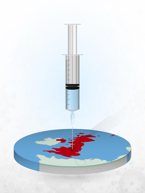 Vaccination Du Royaume-uni, Injection D'une Seringue Dans Une Carte Du Royaume-uni.