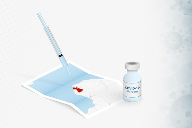 Vecteur vaccination en guinée, injection avec le vaccin covid-19 sur la carte de la guinée.