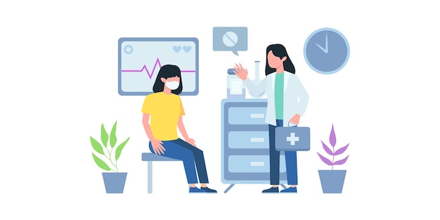 Vaccination. Vaccin pédiatre plat. Jeune médecin, visite médicale d'un enfant malade. Ensemble de vecteurs d'injection anti-grippe pour adultes et enfants. Bilan de vaccination d'illustration en bonne santé, injection contre la grippe