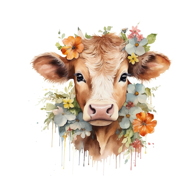 Vecteur vache aquarelle photo avec des fleurs sur fond blanc