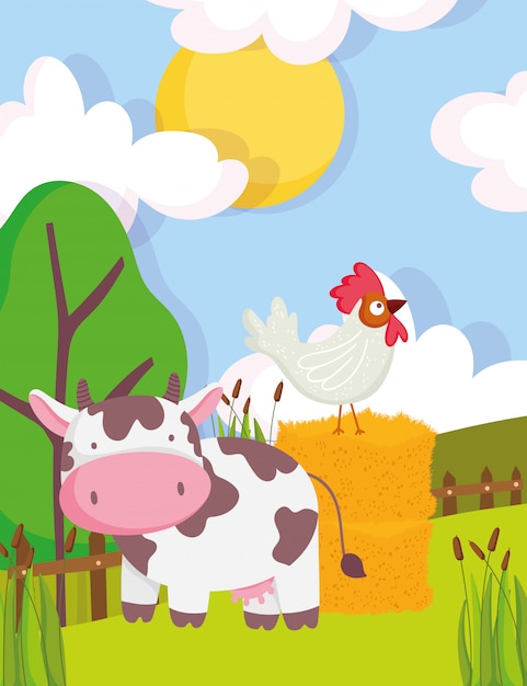 Vache, Coq, Foin, Arbres, Végétation, Barrière, Ferme, Animal, Dessin Animé, Illustration