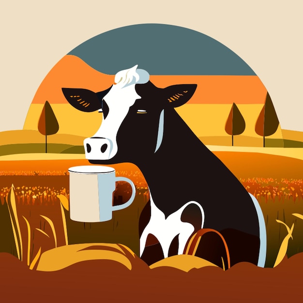 Vecteur la vache dans le champ buvant du café