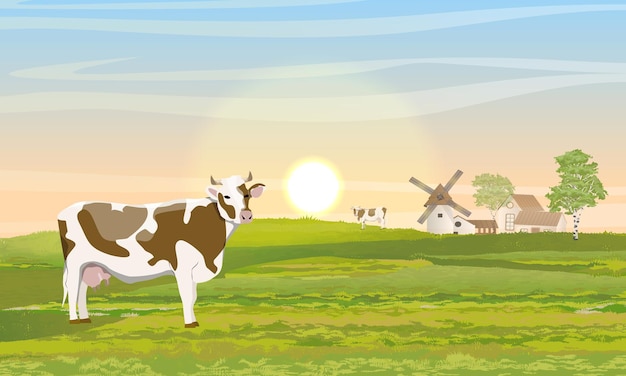 Vecteur la vache dans le pré campagne en été moulin grange et maison avec jardin