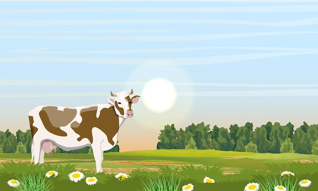 Vecteur vache dans le pré de printemps arbres verts herbe et fleurs blanches avec des centres jaunes