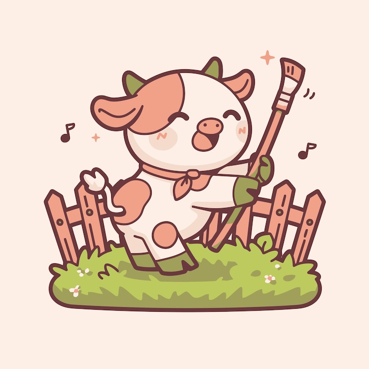 Une vache de dessin animé joyeuse avec un pinceau