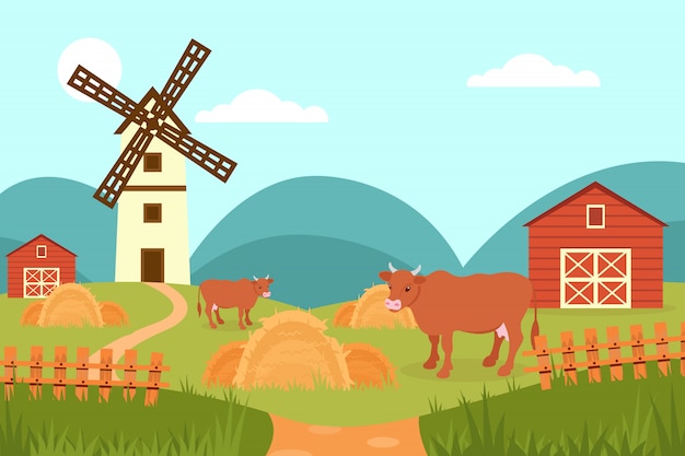 Vache Sur Fond De Paysage Rural D'été, Ferme Et Moulin à Vent Illustration Dans Le Style