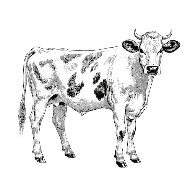 Vecteur la vache isolée sur fond blanc le bétail de la ferme illustration à l'encre noire et blanche