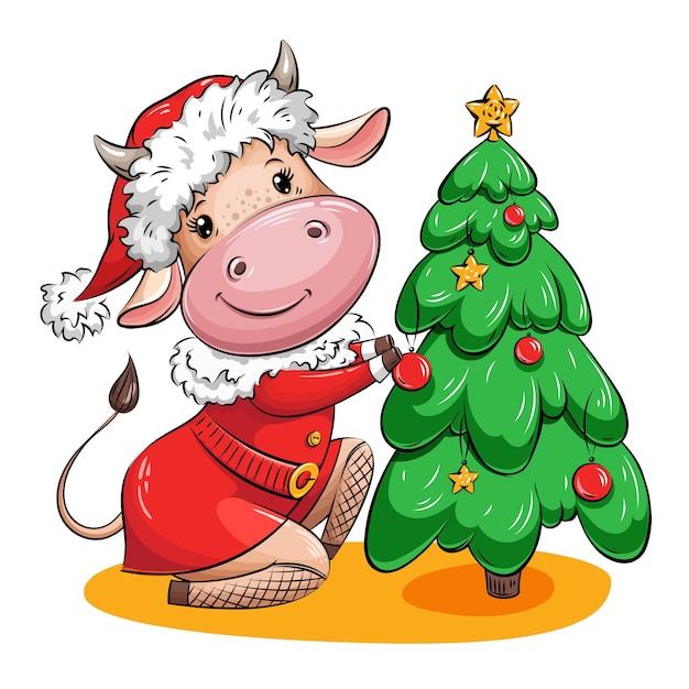 La Vache Mignonne De Bande Dessinée En Costume De Père Noël Décore L'arbre De Noël Avec Des Boules De Noël Et Des étoiles D'or. Caractère De Noël.