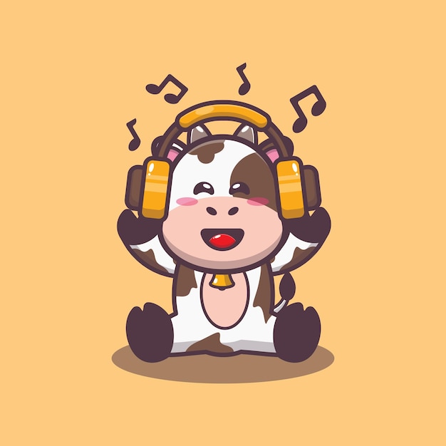 Vache Mignonne écoutant De La Musique Avec Illustration Vectorielle De Dessin Animé Casque