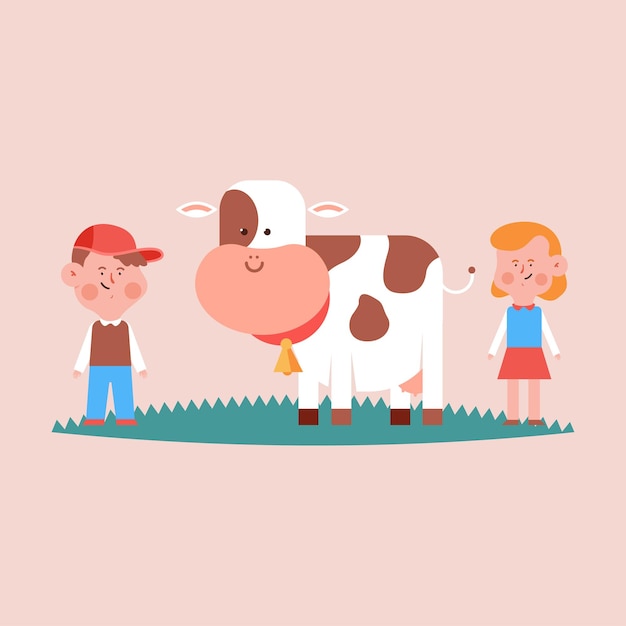 Vache Mignonne Et Enfants Vector Illustration De Dessin Animé Isolé Sur Fond