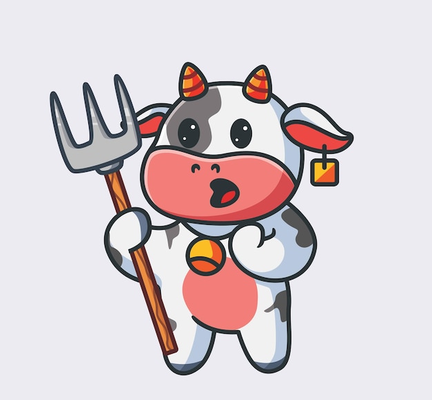 Vache Mignonne Travaillant Comme Agriculteur Tenant Une Houe Isolée Dessin Animé Animal Nature Illustration Style Plat