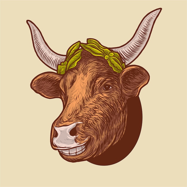 Vecteur vache souriante, porter, feuilles, couronne, organique, ferme, illustration