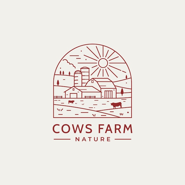 Les Vaches Devant La Grange De La Ferme Avec Le Logo De L'art De La Ligne Des Silos Le Concept De Conception Du Logo De La Ferma De Bétail Hipster