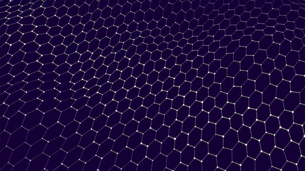 Vague dynamique hexagonale futuriste sur fond violet Concept futuriste en nid d'abeille Technologie numérique Webflow Visualisation de données volumineuses Illustration vectorielle