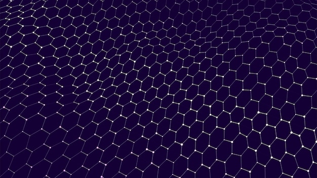 Vague Dynamique Hexagonale Futuriste Sur Fond Violet Concept Futuriste En Nid D'abeille Technologie Numérique Webflow Visualisation De Données Volumineuses Illustration Vectorielle