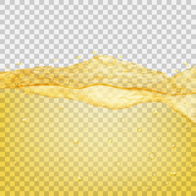 Vague d'eau transparente avec des gouttes et des bulles de couleurs jaunes, isolées sur fond transparent. Transparence uniquement en fichier vectoriel