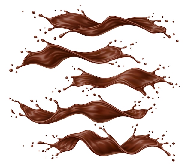 Vague d'éclaboussure de chocolat liquide réaliste Crème de choco brune ou flux de cacao Vecteur 3d isolé riche jets sucrés en cascade veloutée et tourbillons crémeux capturant l'essence de l'indulgence et de la tentation
