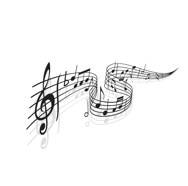 Vague musicale avec des notes vectorielles de partitions et d'ombres. Tourbillon noir de personnel musical ou de portée avec notes de mélodie ou de chanson, clé de sol, symbole de ton plat et lignes de mesure, thèmes de notation musicale