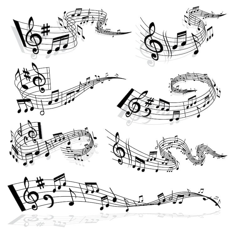 Vecteur vague de musique avec des notes et des symboles de clé de sol sur les lignes de portée