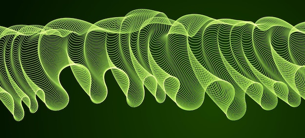 Vague de particules fluides sur fond magique de vecteur abstrait sombre, forme sinueuse lisse points textile de tulle transparent sur le vent. Maille mélangée de points de forme 3D, fond d'écran relaxant.