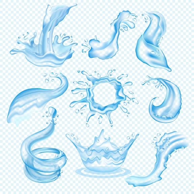 Vagues D'eau éclaboussure Goutte De Cascade Transparent éclaboussures Aqua Liquide Ensemble Arrosage Illustration Isolé Sur Fond Blanc