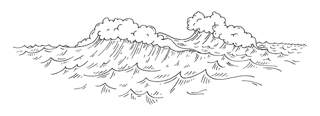 Vecteur vagues de la mer gravure de vecteur vintage illustration noire isolé sur blanc