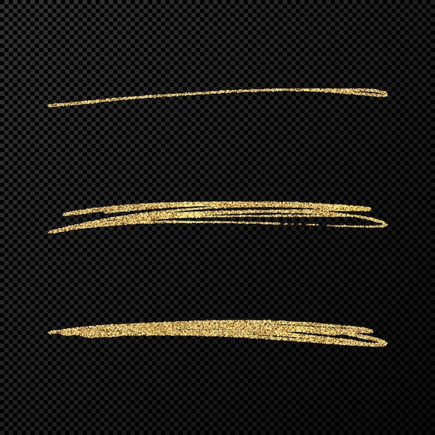 Vecteur vagues scintillantes abstraites de confettis brillants. ensemble de trois coups de pinceau dorés dessinés à la main sur fond transparent noir. illustration vectorielle