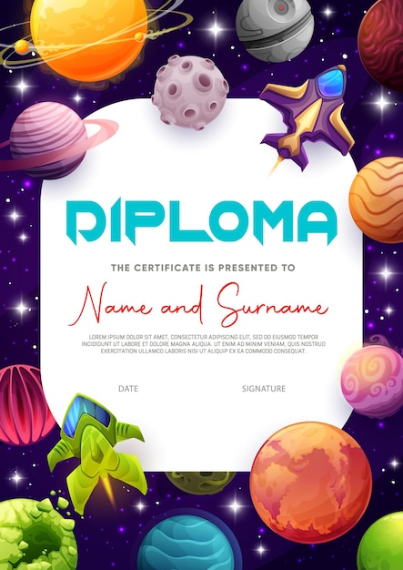 Vaisseaux de dessin animé de diplôme pour enfants, planètes fantastiques et étoiles. Modèle de cadre de récompense de réussite scolaire de vecteur d'éducation avec des fusées. Certificat avec le monde futuriste de la galaxie, navettes dans l'espace lointain