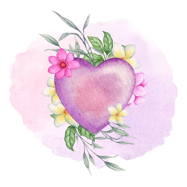 Valentine en forme de coeur violet avec des fleurs et des feuilles