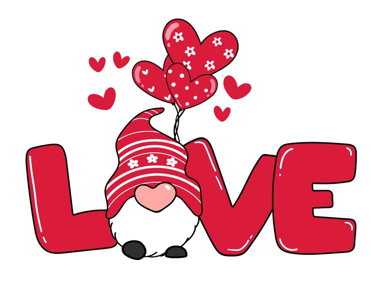 Vecteur valentine gnome avec lettre d'amour et ballon coeur, dessin animé de gnome rouge saint-valentin